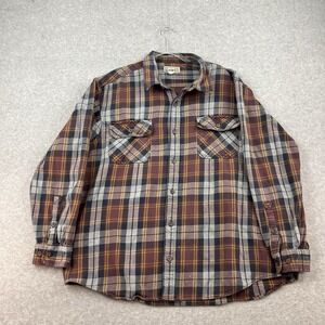Duluth Trading Heavy Flannel Shirt Jacket Shacket Plaid Orange Fray Red EUC Mens